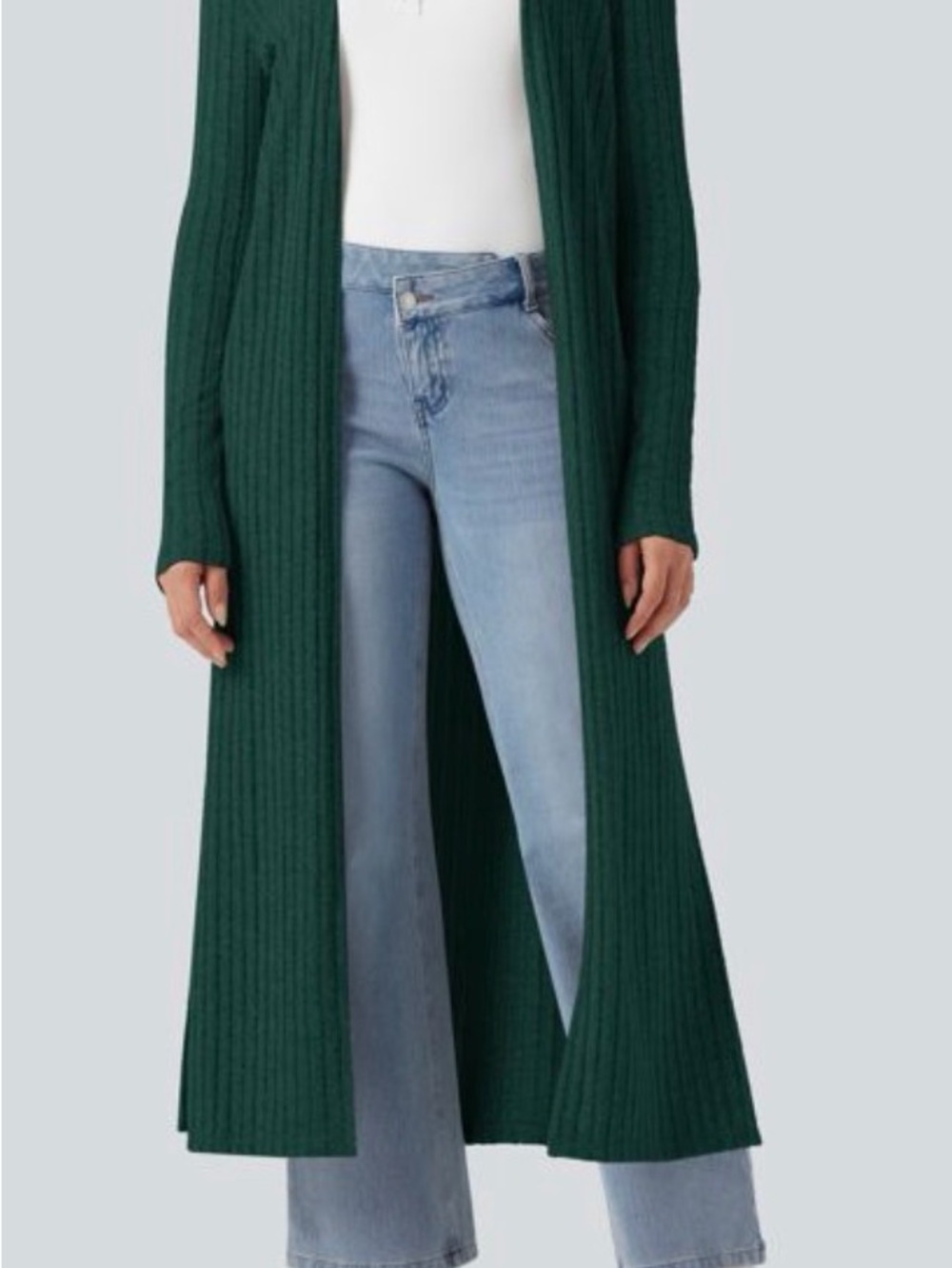 HALARA Long Ribbed Open-Front Cardigan in Forest Green